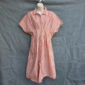100% Cotton Orange White Vertical Stripe Dress Short Sleeve Collared Sz M